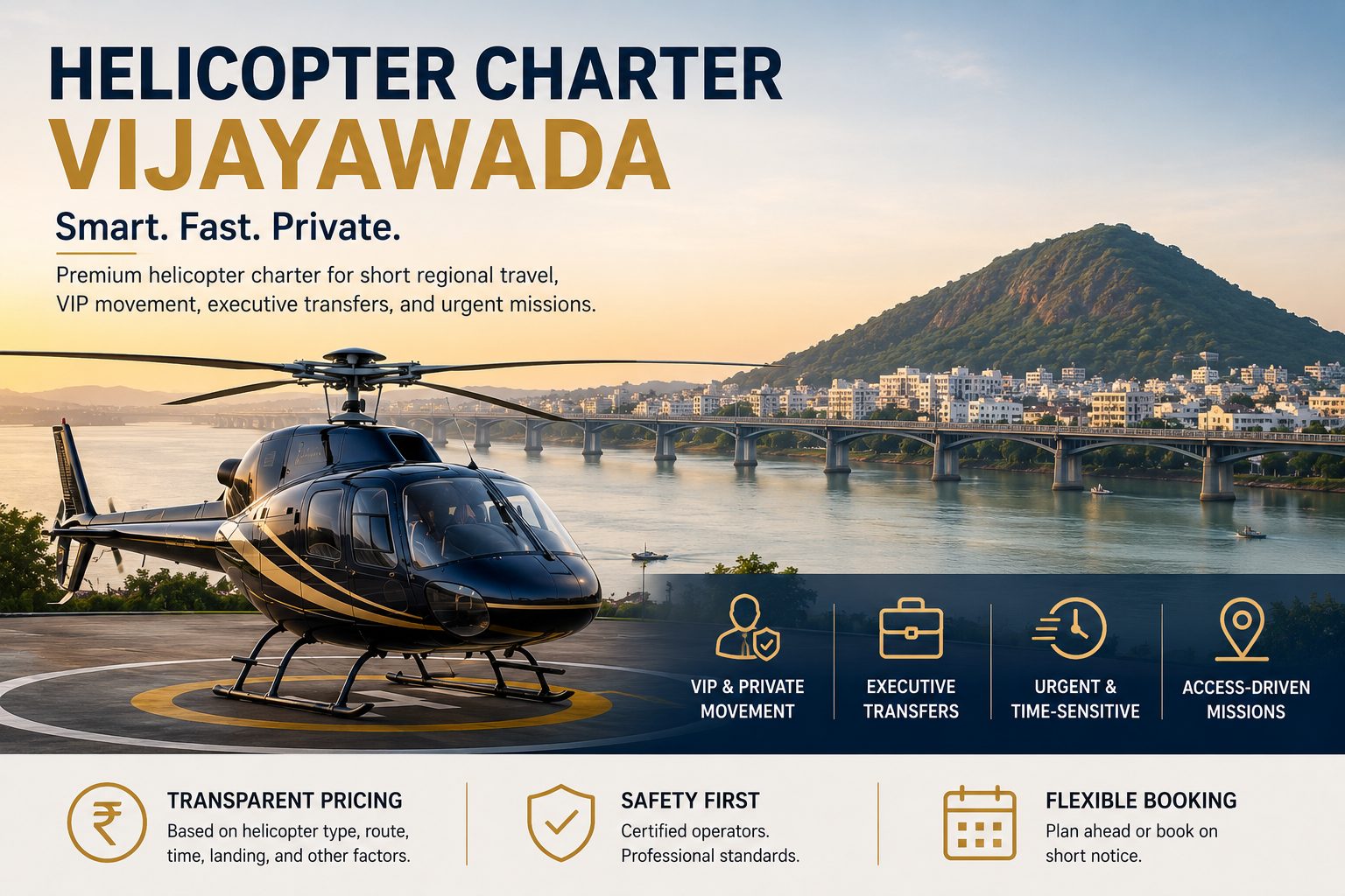 Helicopter charter in Vijayawada with a black helicopter on a riverside helipad and city skyline at sunset