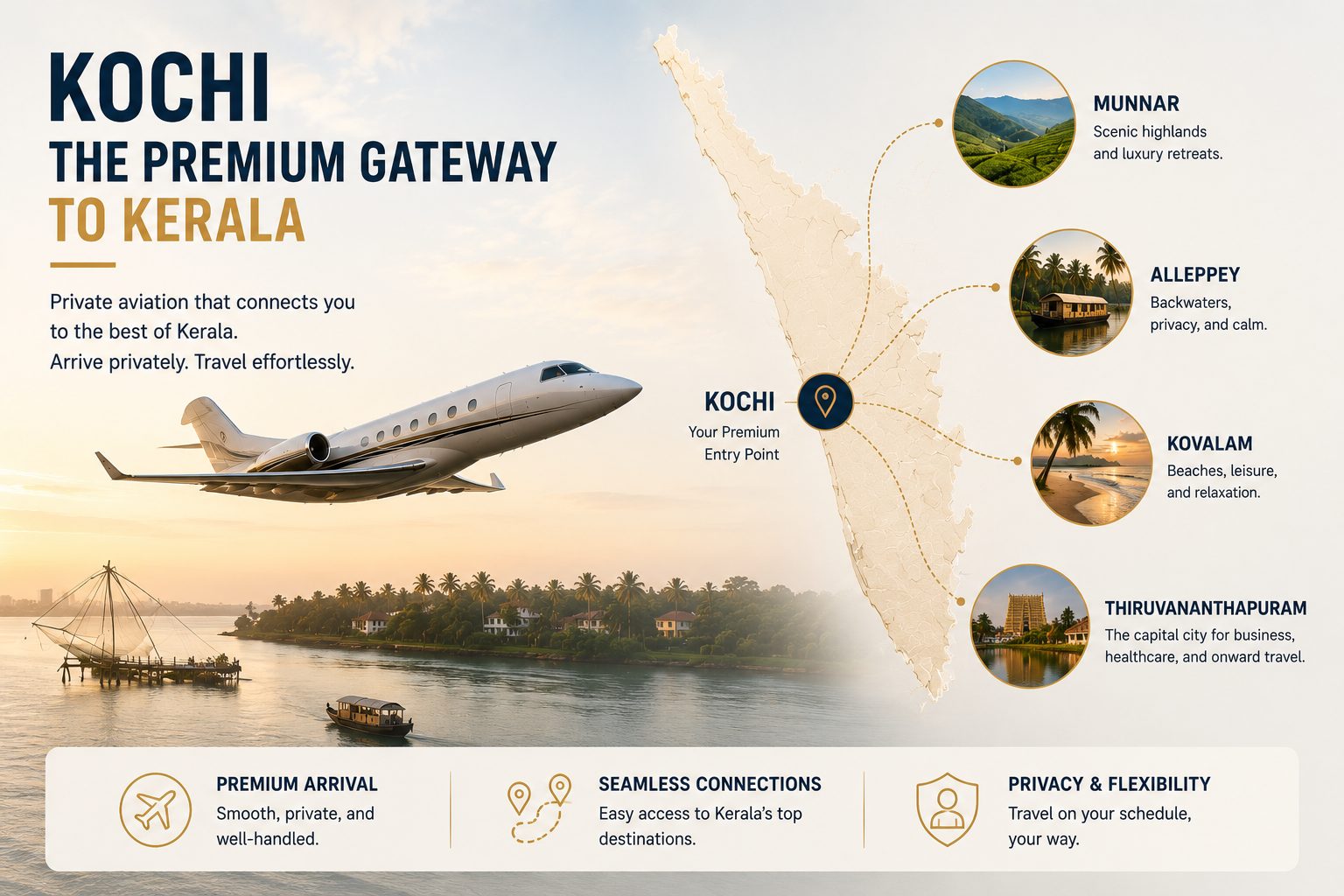 Kochi premium gateway to Kerala infographic showing a private jet, Kerala map, backwaters and onward routes to Munnar, Alleppey, Kovalam and Thiruvananthapuram.