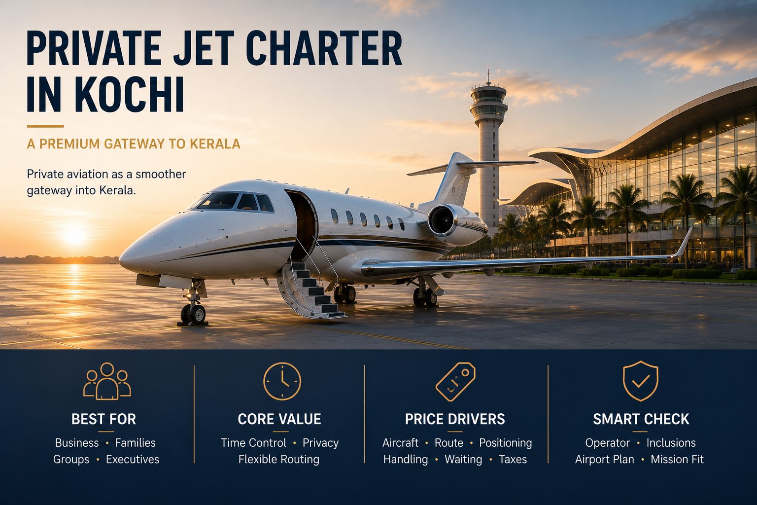 Private jet charter in Kochi infographic showing a business jet at a modern Kerala airport, with key notes on premium gateway travel, pricing drivers, privacy and mission fit.