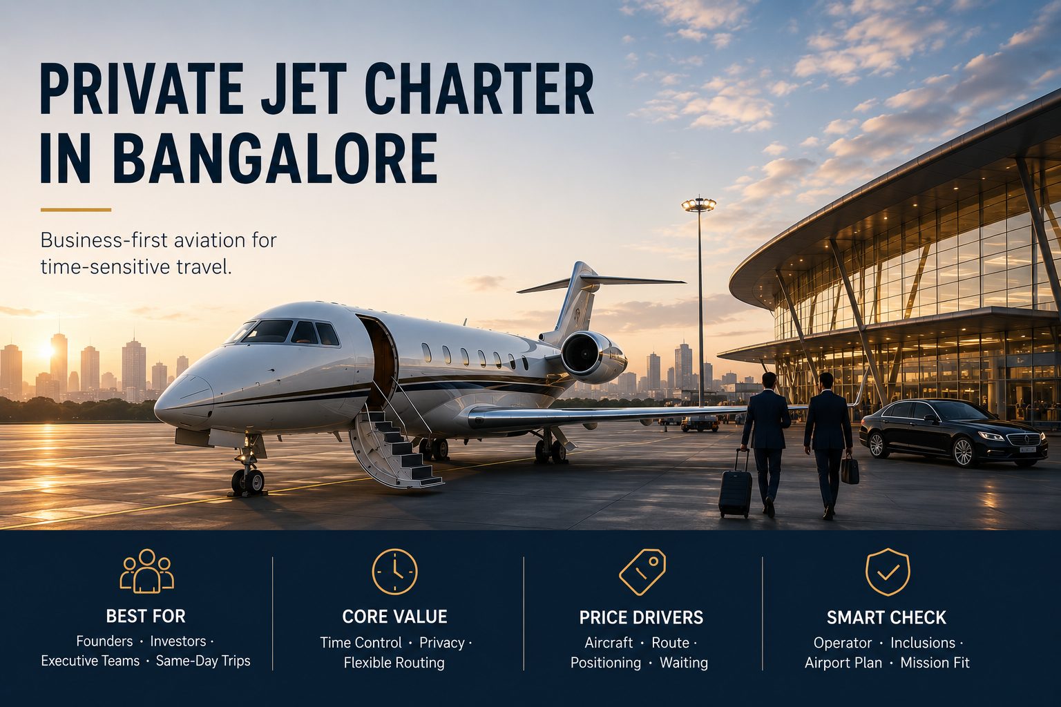 Bangalore private aviation hero image showing a private jet near a modern terminal with key charter values: time control, privacy, flexible routing and mission fit.