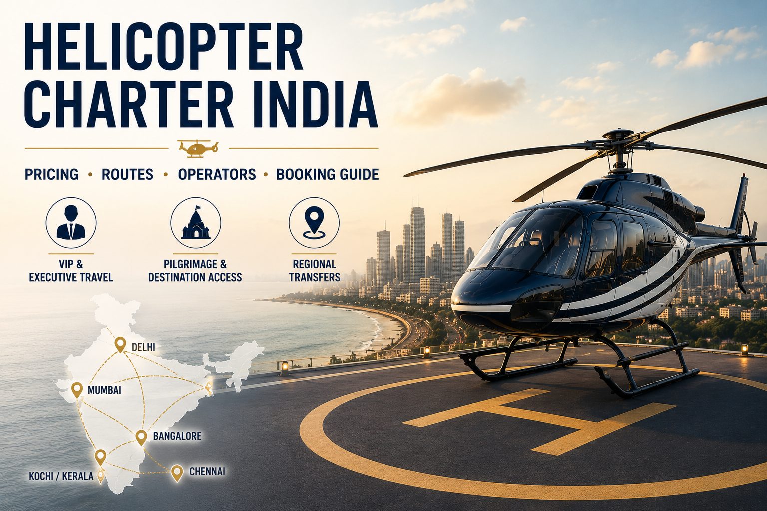 Clean helicopter charter India hero image showing a private helicopter on a helipad above a coastal city, with India route map, major charter markets, and icons for VIP travel, pilgrimage access, and regional transfers.