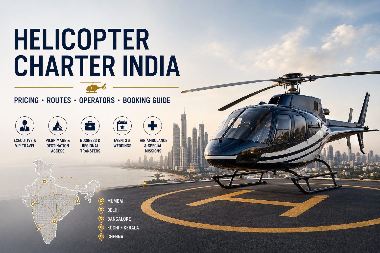 Helicopter charter in India banner with a luxury helicopter on a rooftop helipad, city skyline, route map, and key use cases including VIP travel, pilgrimage access, regional transfers, events, and air ambulance