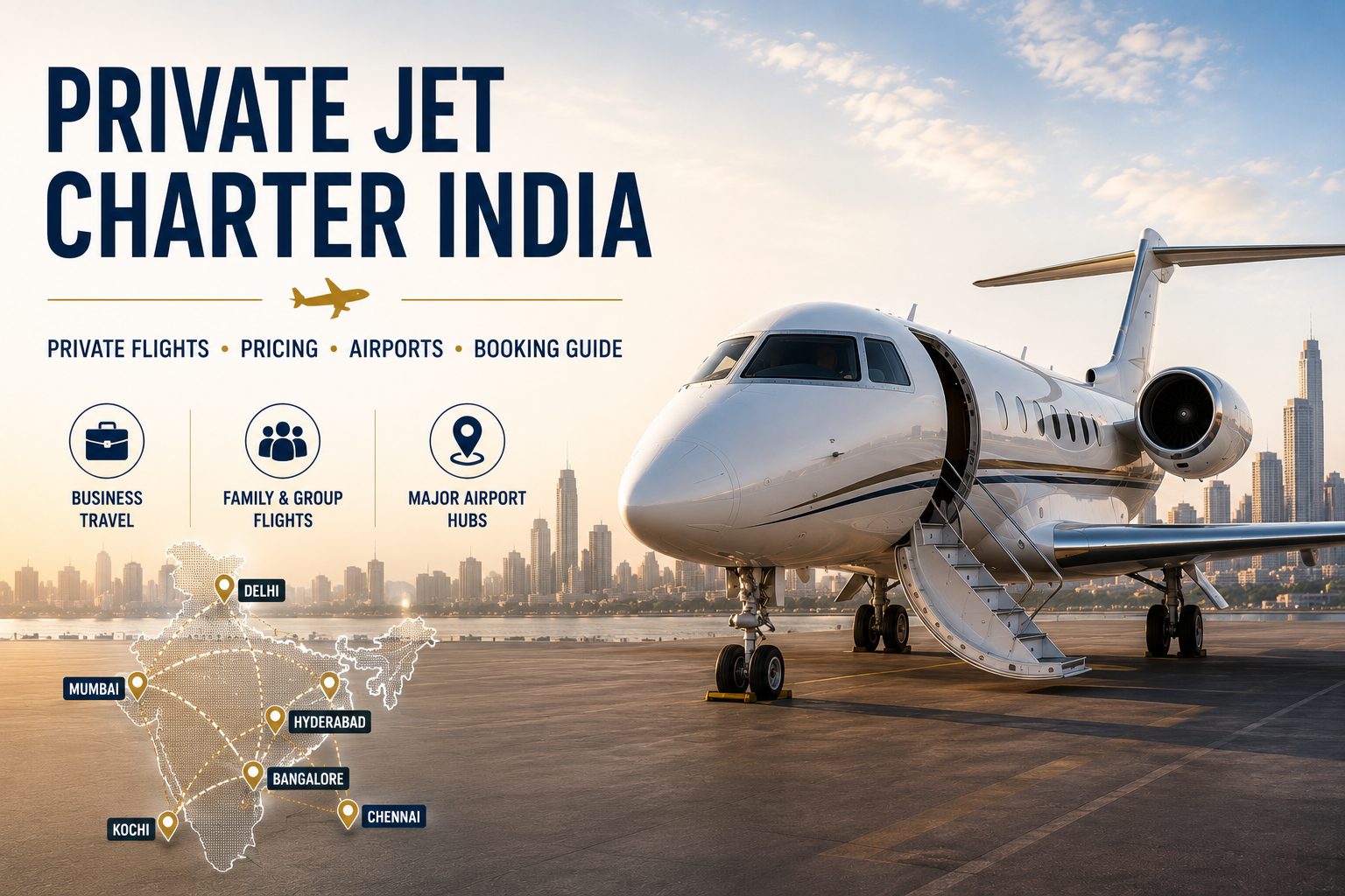 Private jet charter India hero image with a business jet on an airport tarmac, city skyline, India route map, and key hubs including Mumbai, Delhi, Bangalore, Hyderabad, Chennai, and Kochi.